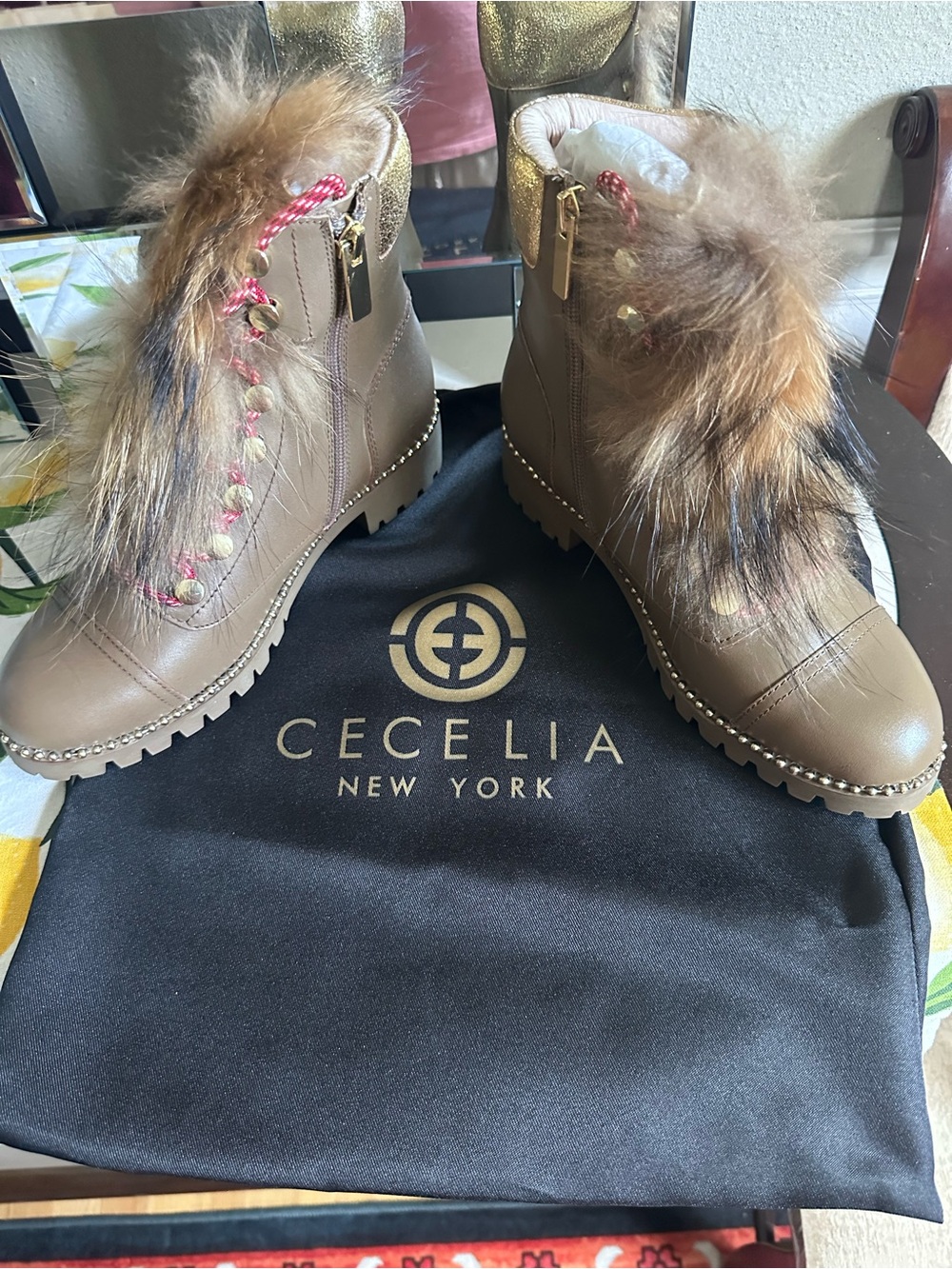CECELIA NEW YORK Taupe Leather Lace-Up Fur-Trim Boots